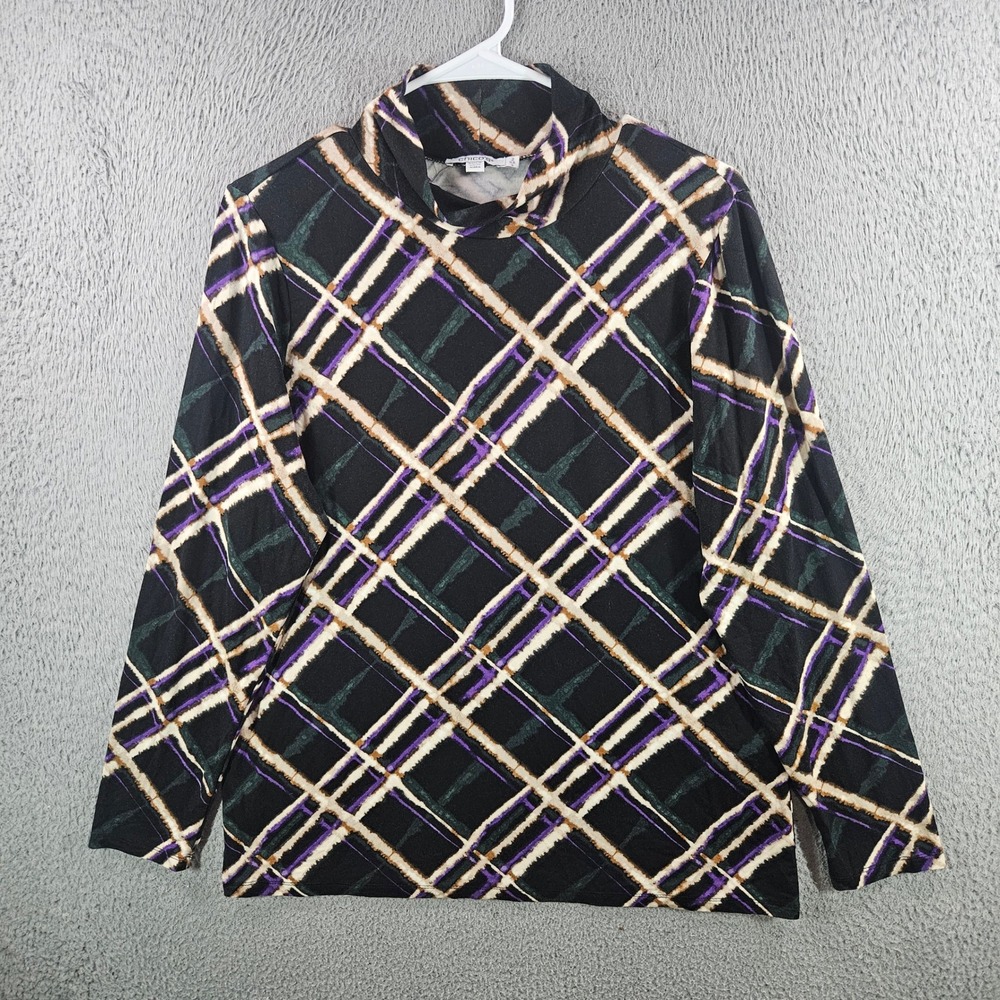 Chicos Womens Mock Neck Top Size 2 Large Black‎ Purple Plaid Long Sleeve Rayon